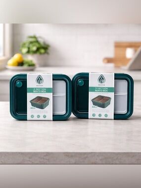 Manna Set of 2 3-Section Bento Box in teal, featuring a total capacity of 40 oz.